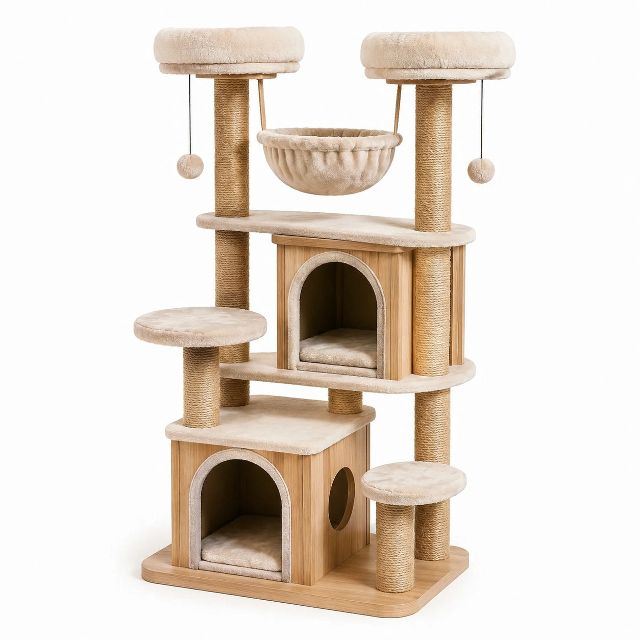 Arbre à chat en bois, sisal et peluche beige et marron clair, 100 × 60 × 180 cm, avec 2 niches, hamac et plateformes