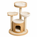 Arbre à chat en bois naturel, sisal et tissu beige, 75 × 120 cm, avec niche, griffoirs et couchages