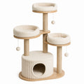 Arbre à chat en bois, sisal et tissu bouclé crème, 3 couchages, niche et griffoirs, 105 × 60 × 162 cm