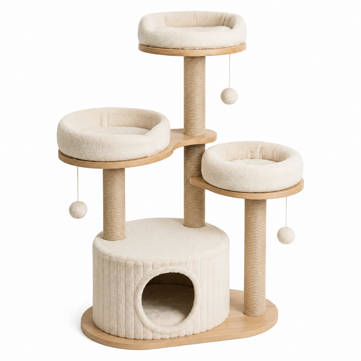 Arbre à chat en bois, sisal et tissu bouclé crème, 3 couchages, niche et griffoirs, 105 × 60 × 162 cm