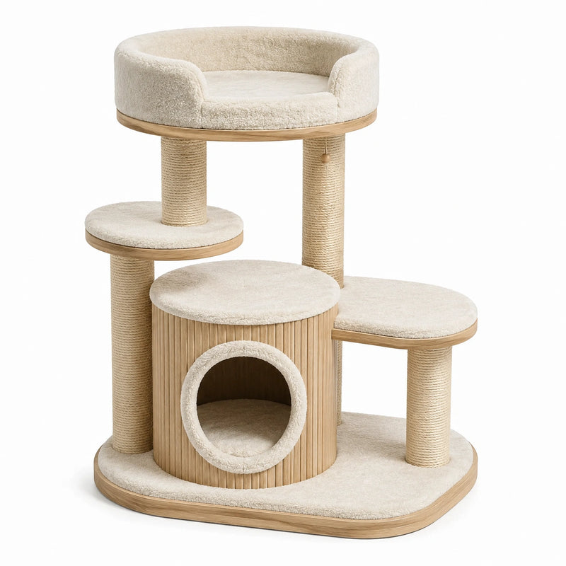 Arbre à chat en bois clair, sisal et tissu crème avec niche, griffoirs et couchages, 100 × 60 × 120 cm