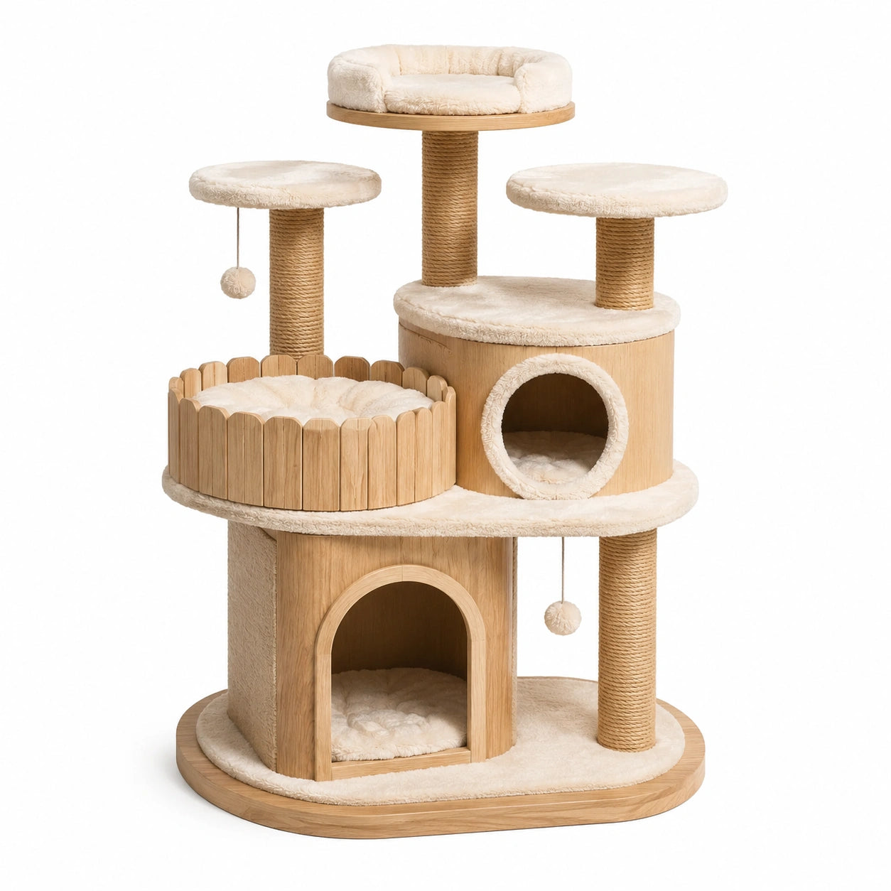 Arbre à chat en bois naturel, tissu beige et sisal avec niches et plateformes, 110 × 60 × 145 cm