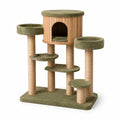 Arbre à chat vert olive, beige et bois naturel avec niche, couchages, plateformes et poteaux en sisal, 100 × 60 × 140 cm