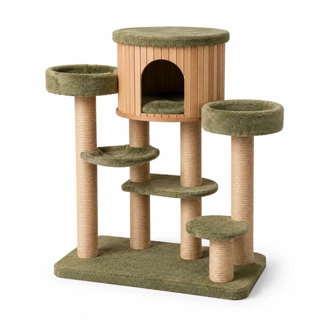 Arbre à chat vert olive, beige et bois naturel avec niche, couchages, plateformes et poteaux en sisal, 100 × 60 × 140 cm