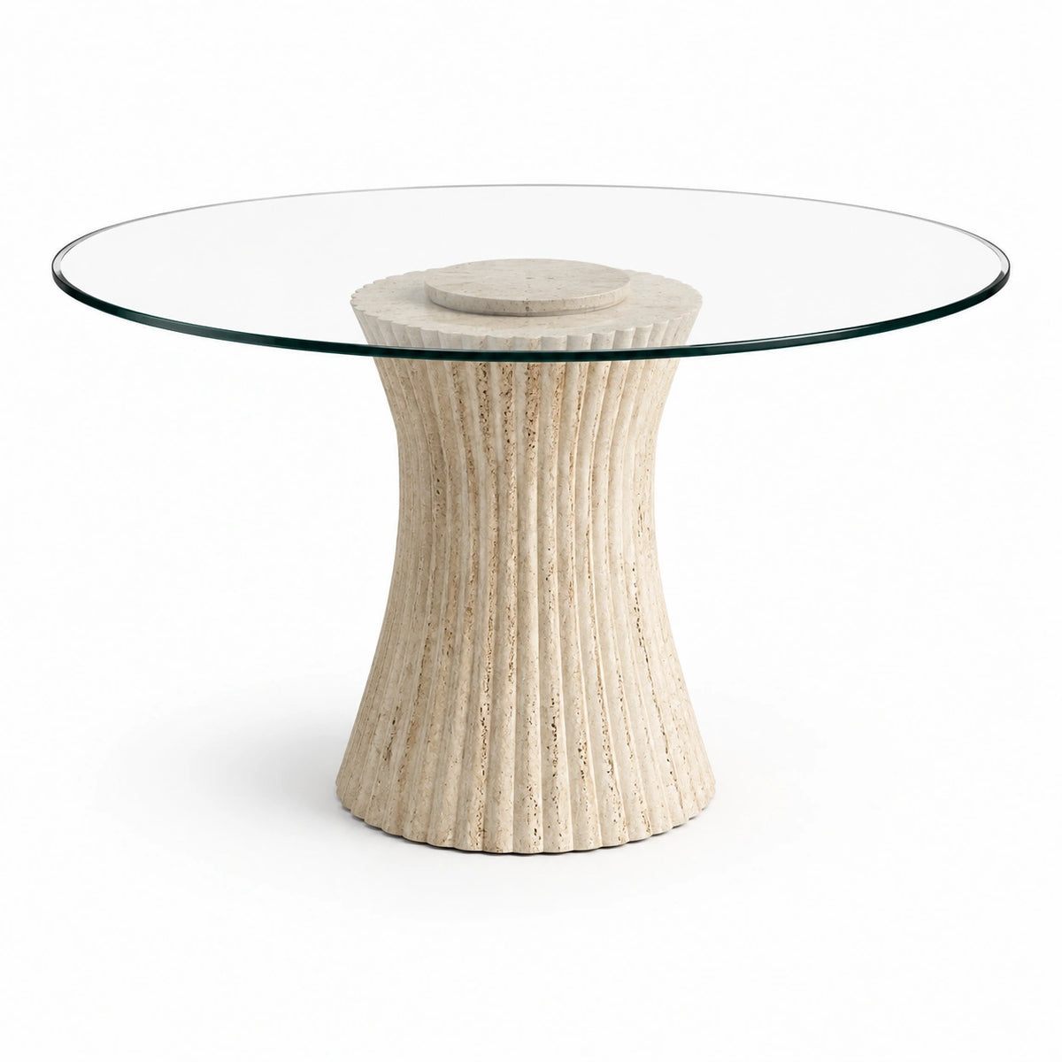 Table à manger ronde en verre transparent et travertin beige, Ø 120 × H 75 cm, design sculptural contemporain