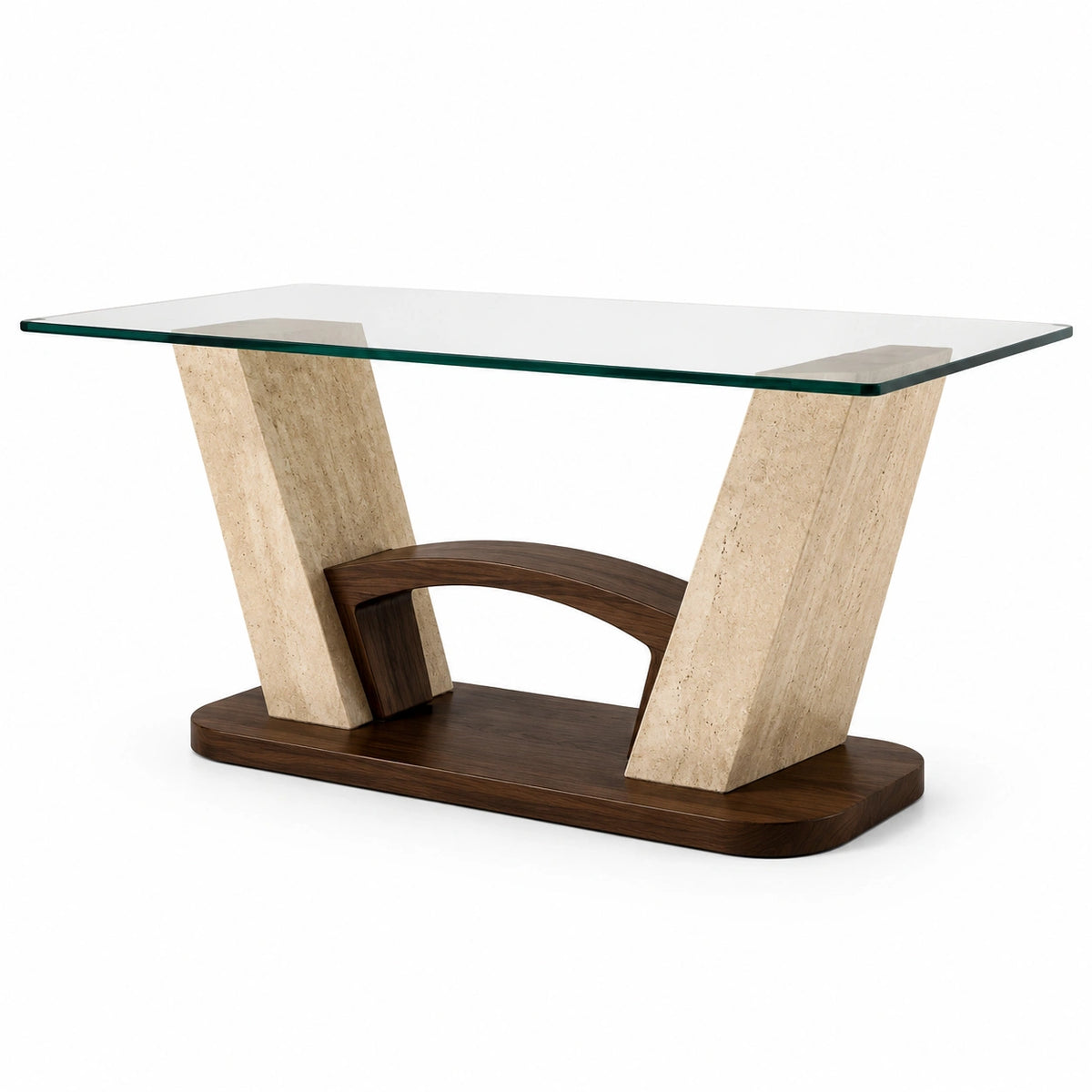 Table à manger rectangulaire contemporaine 180 × 100 × 76 cm en verre transparent, pierre beige et bois marron