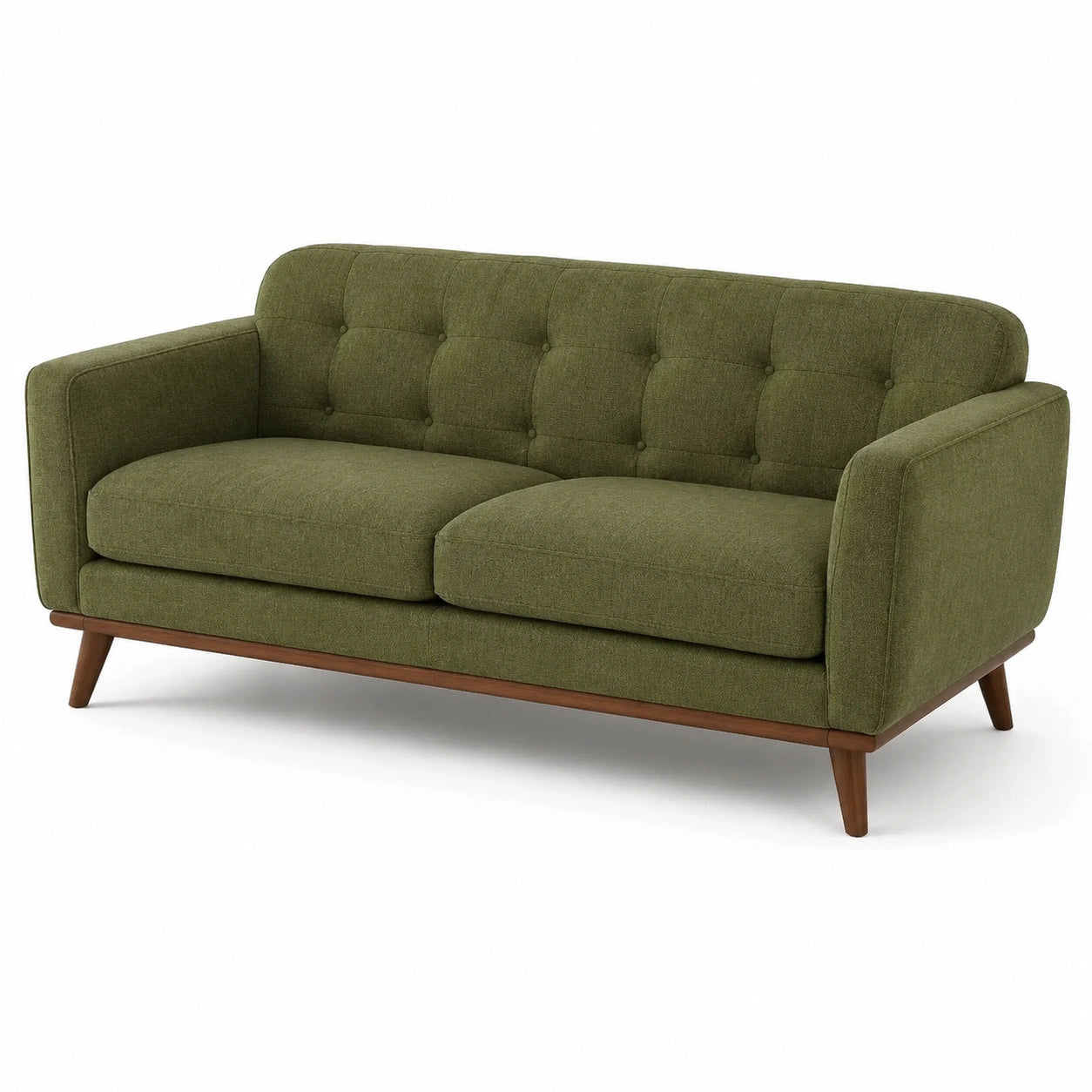 Canapé 2 places en tissu vert olive avec pieds en bois marron, dossier capitonné, 190 × 85 × 84 cm