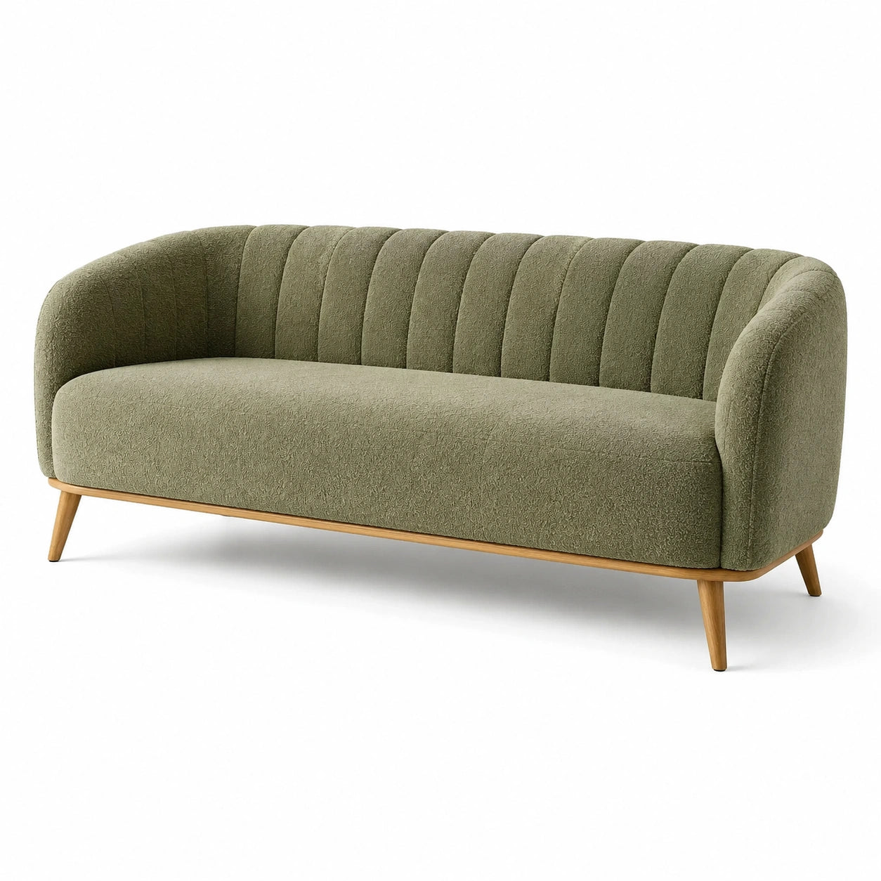 Canapé 3 places en tissu bouclé vert olive avec piètement en bois naturel, 210 × 85 × 78 cm