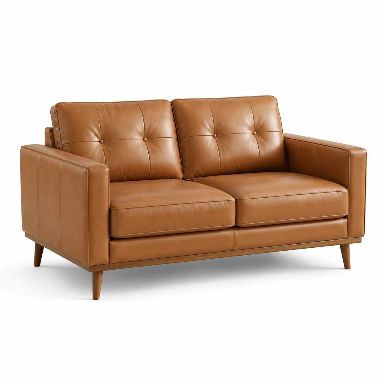 Canapé 2 places 170 × 85 × 82 cm, revêtement aspect cuir camel, pieds en bois marron, style moderne