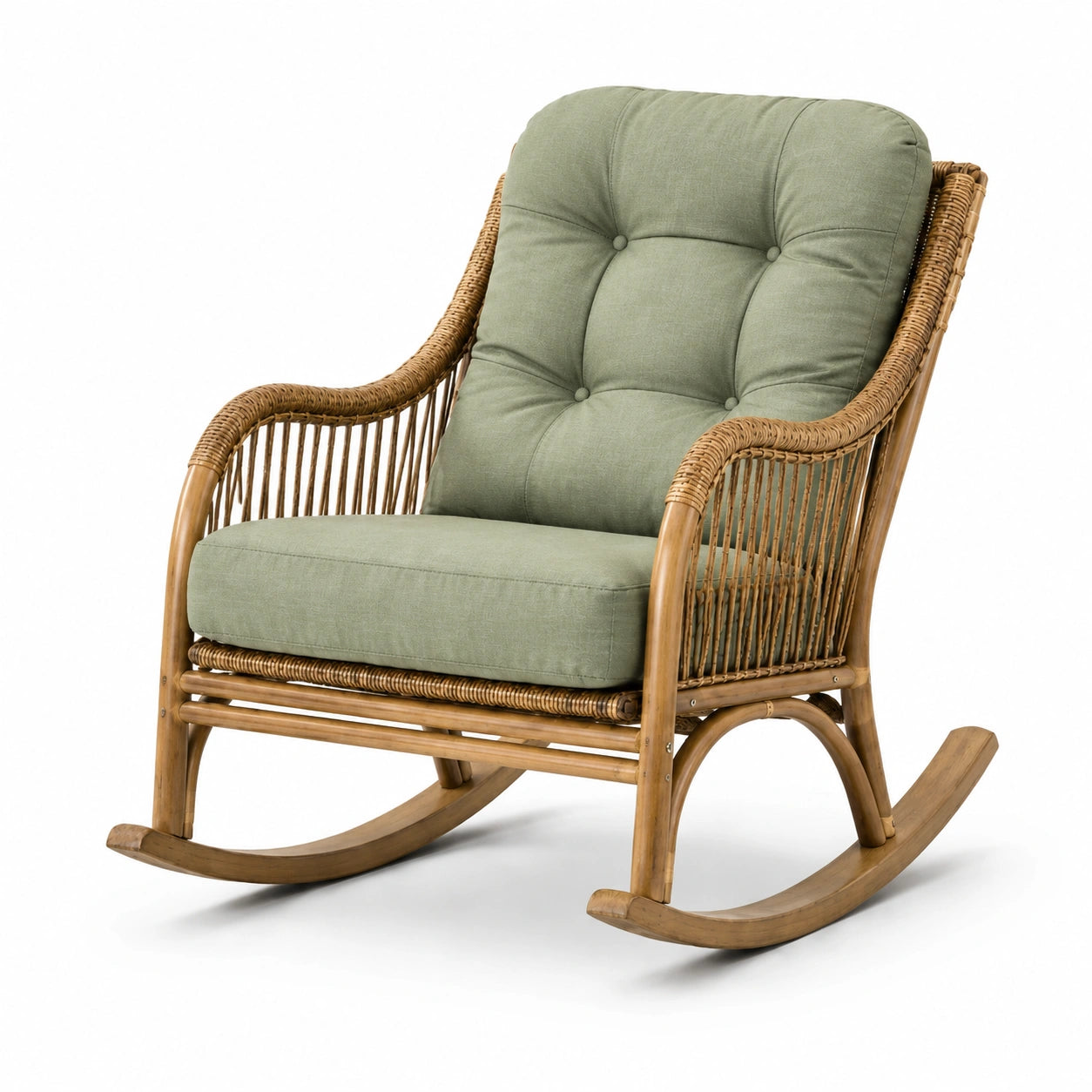 Fauteuil à bascule en rotin naturel avec coussins vert sauge, 75 × 95 × 100 cm, style bohème