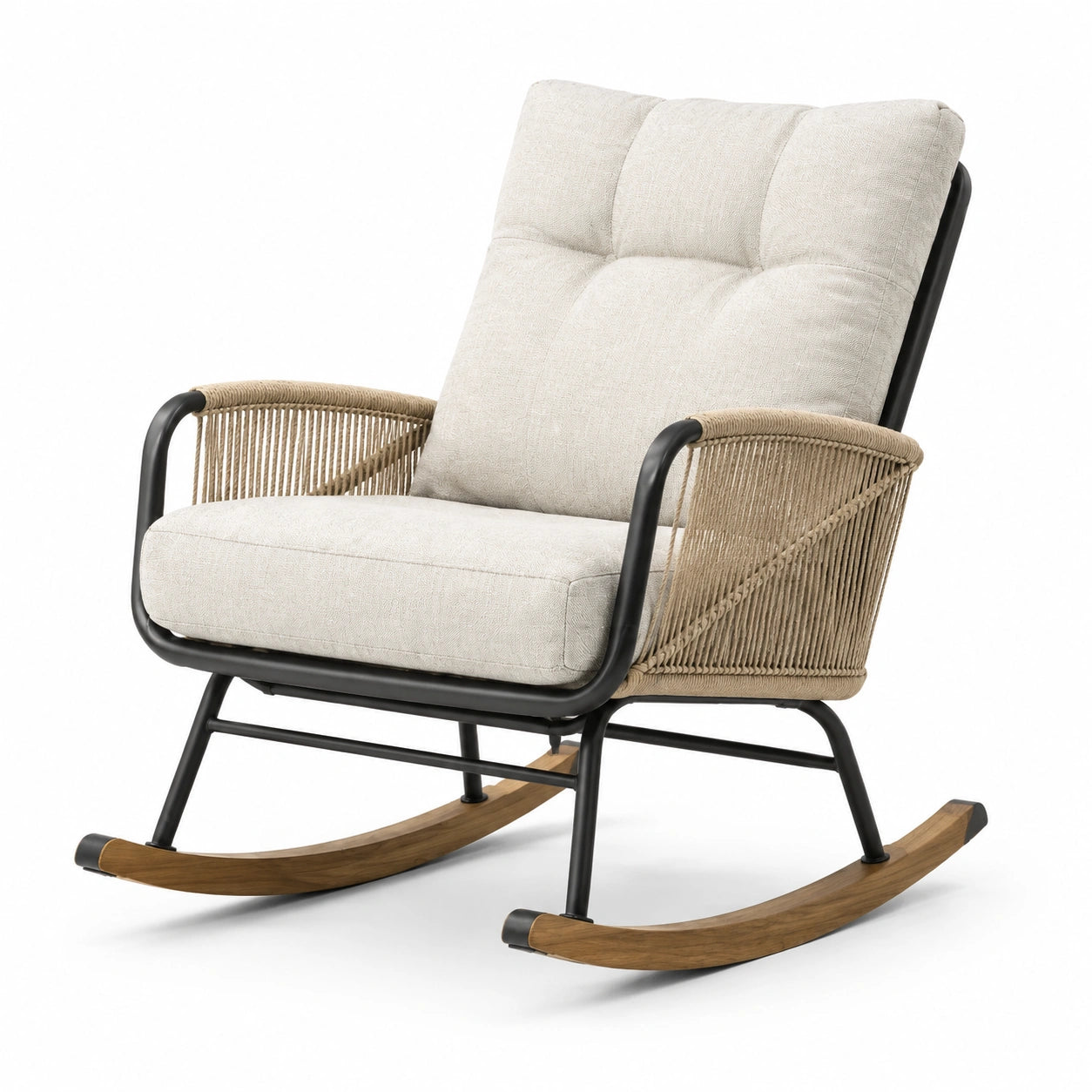 Fauteuil à bascule contemporain 78 × 95 × 99 cm en tissu beige, métal noir, corde tressée et bois