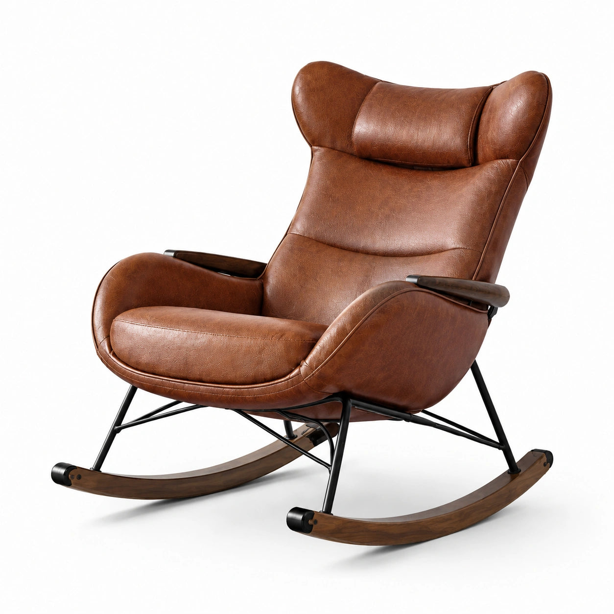 Fauteuil à bascule rétro marron et noir, revêtement aspect cuir, structure en métal et patins en bois, 95 × 90 × 105 cm