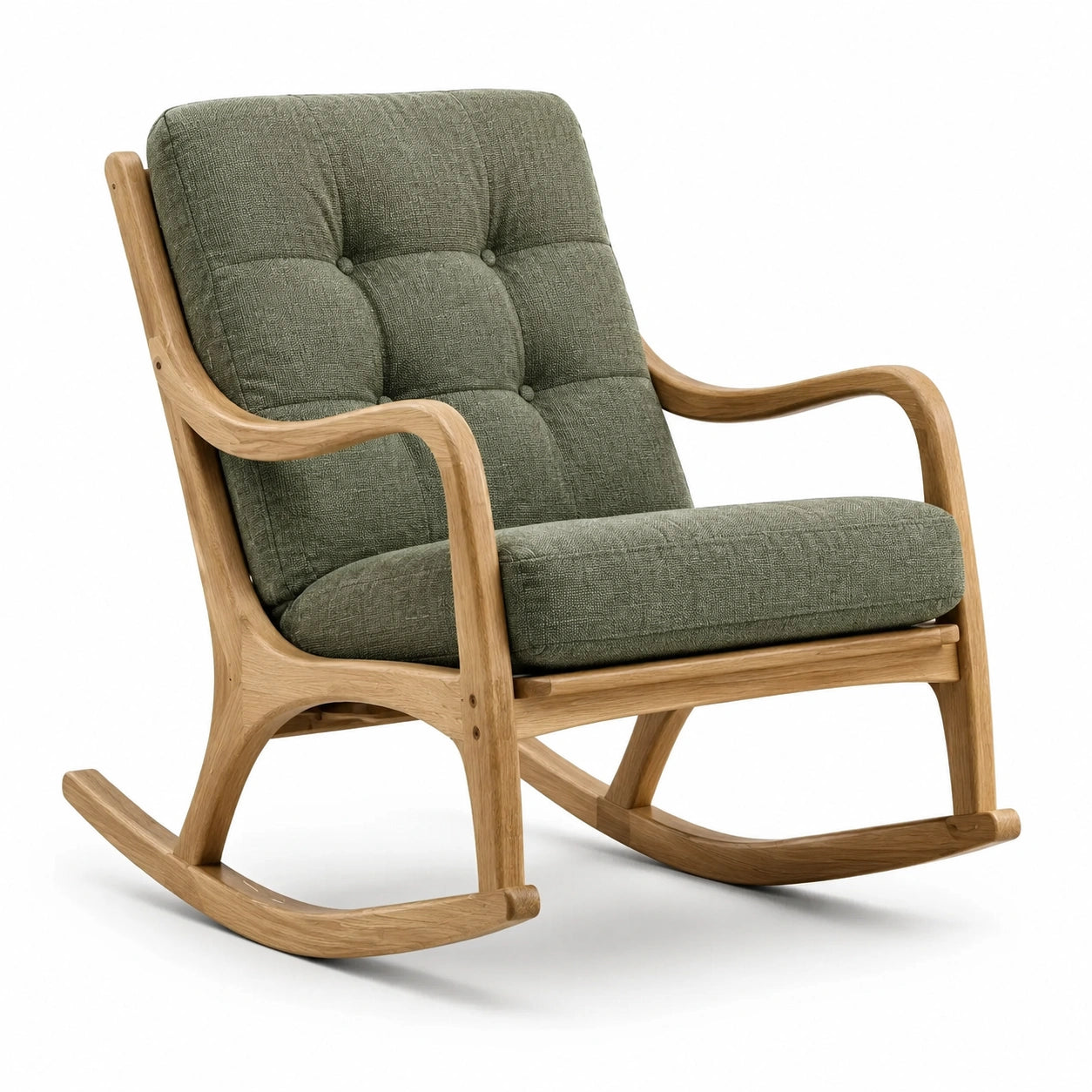 Fauteuil à bascule rétro en bois et tissu vert olive, 75 × 90 × 98 cm