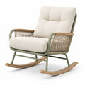 Fauteuil à bascule contemporain 75 × 95 × 100 cm en tissu écru, métal vert olive et bois naturel