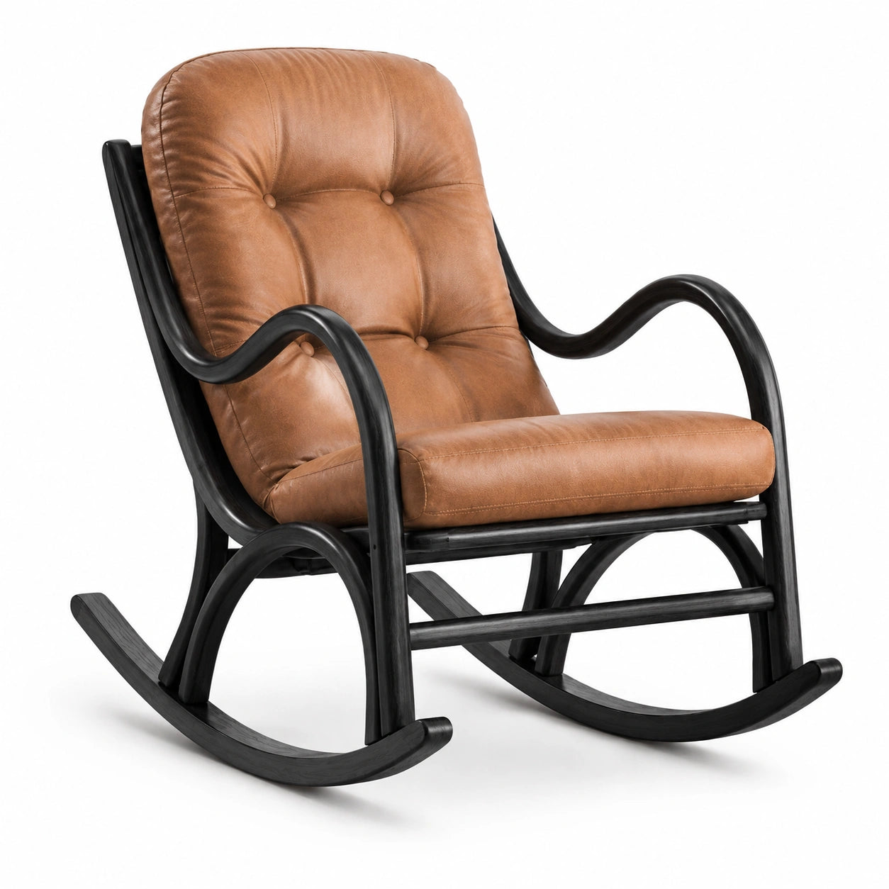 Fauteuil à bascule capitonné en bois noir et revêtement aspect cuir camel, 96 × 72 × 101 cm, style vintage