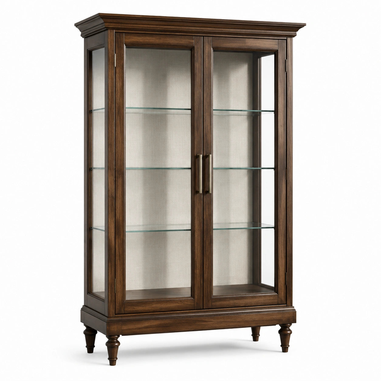 Vitrine classique en bois marron et verre transparent, 2 portes et 3 tablettes, 110 × 45 × 190 cm