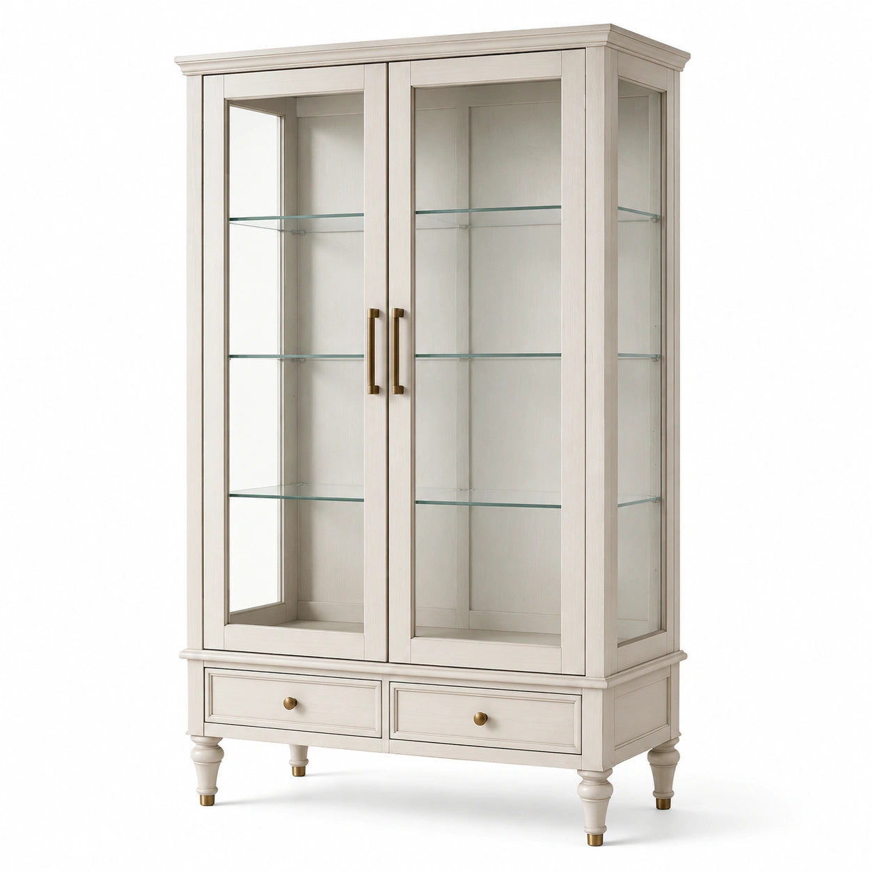 Vitrine blanche en bois et verre avec 2 portes, 2 tiroirs et 3 tablettes, 100 × 42 × 190 cm