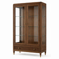 Vitrine en bois brun et verre transparent avec 2 portes, 3 étagères et 1 tiroir, 100 × 42 × 190 cm