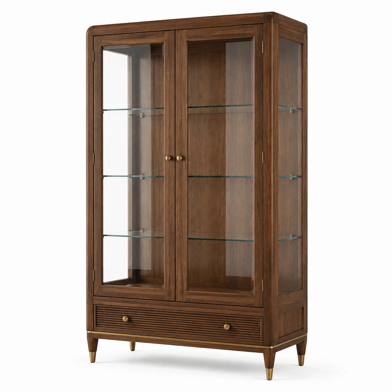 Vitrine en bois brun et verre transparent avec 2 portes, 3 étagères et 1 tiroir, 100 × 42 × 190 cm