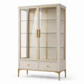 Vitrine contemporaine beige clair et dorée avec verre transparent, 2 portes et 2 tiroirs, 100 × 40 × 180 cm
