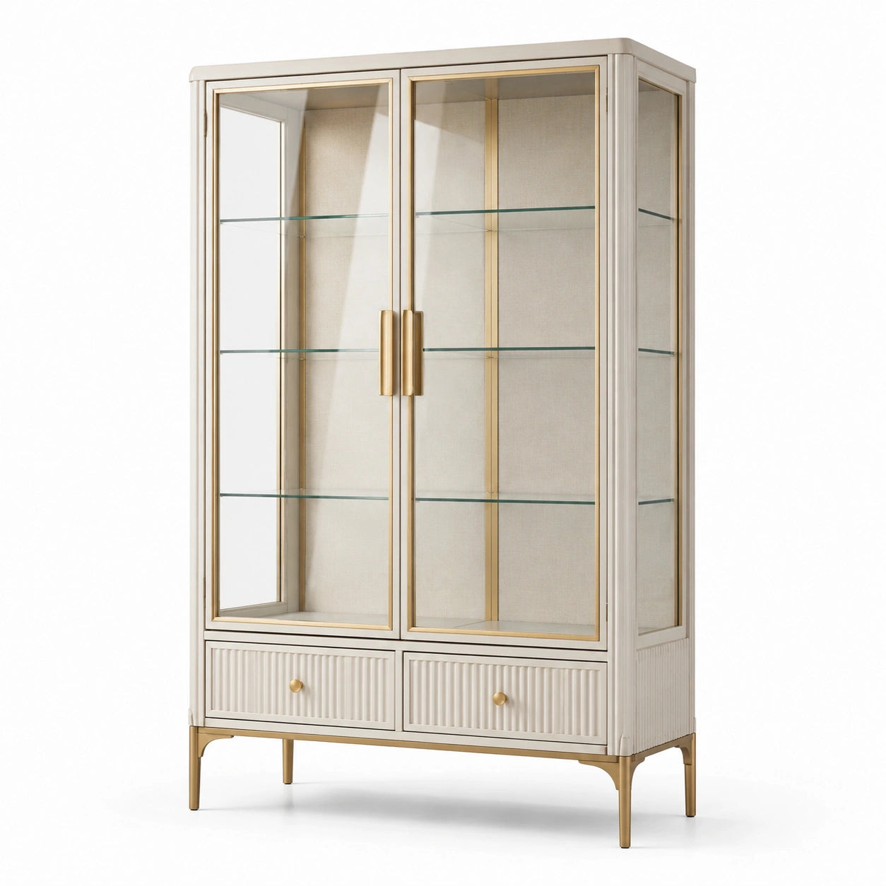 Vitrine contemporaine beige clair et dorée avec verre transparent, 2 portes et 2 tiroirs, 100 × 40 × 180 cm