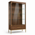 Vitrine contemporaine effet bois brun et verre, 2 portes, 3 tablettes et 1 tiroir, 90 × 40 × 180 cm