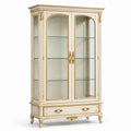 Vitrine classique en bois et verre à 2 portes et 1 tiroir, ivoire, doré et transparent, 110 × 45 × 200 cm