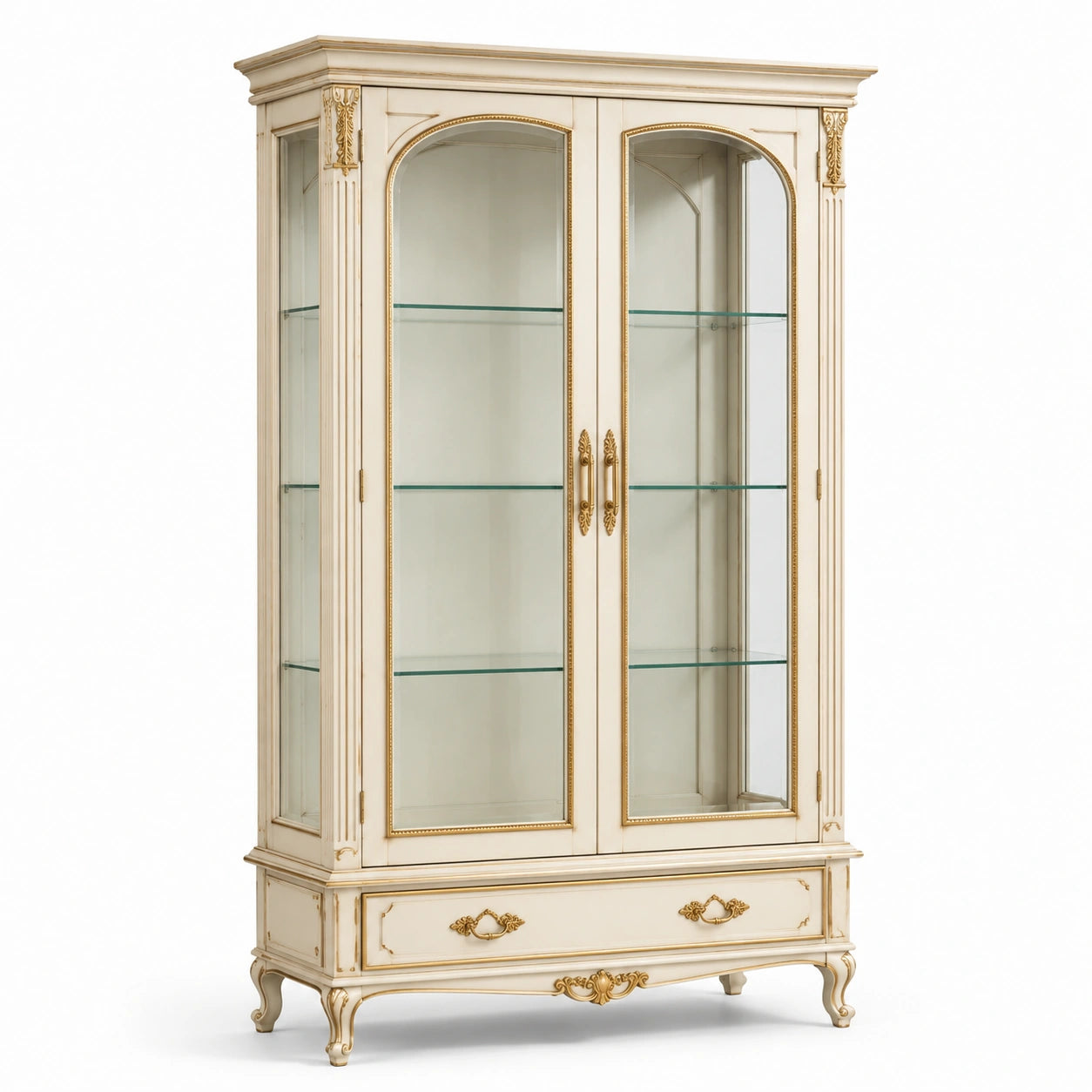 Vitrine classique en bois et verre à 2 portes et 1 tiroir, ivoire, doré et transparent, 110 × 45 × 200 cm