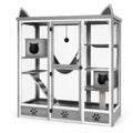 Enclos grillagé en bois gris et noir pour chats avec plateformes et niches, 145 × 80 × 170 cm