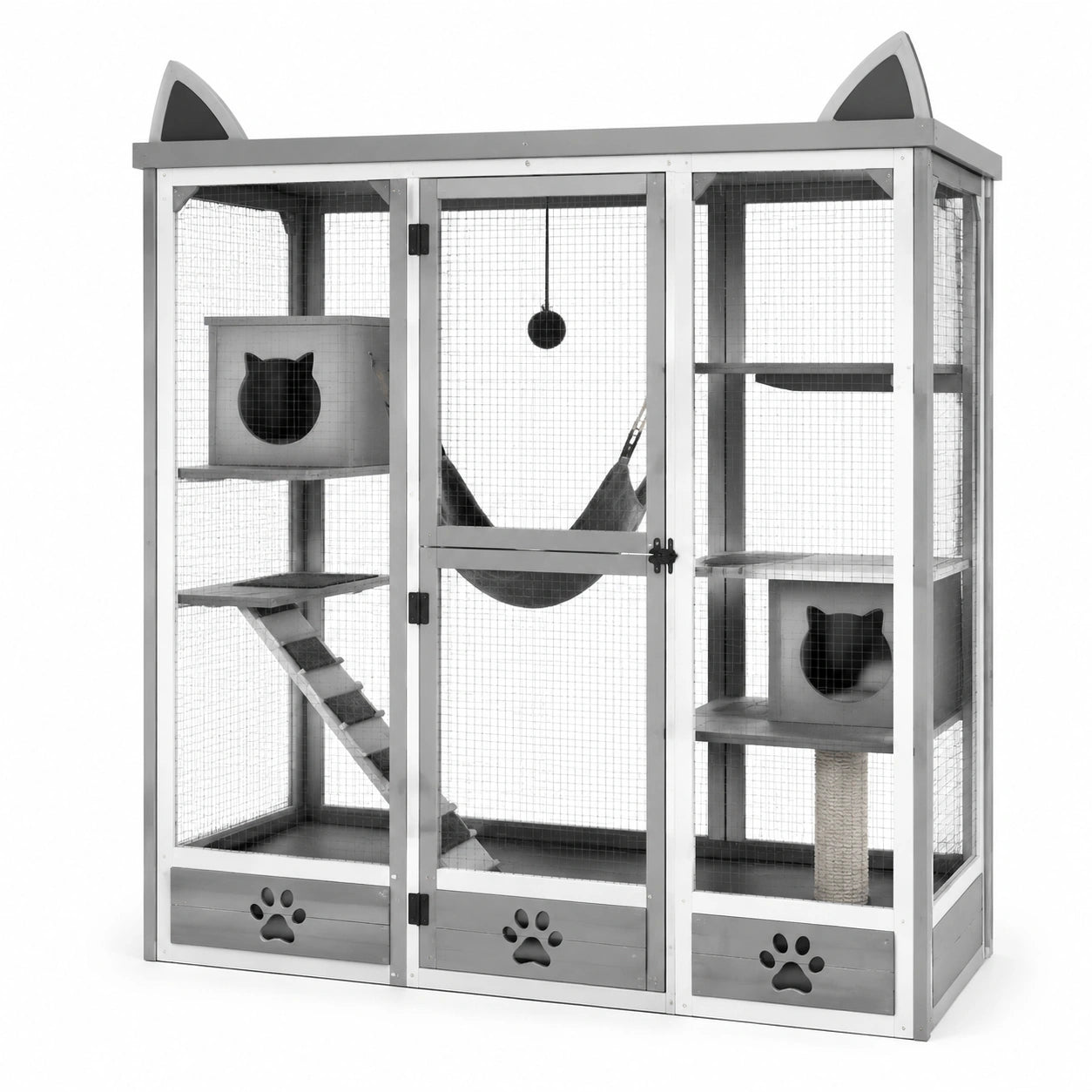 Enclos grillagé en bois gris et noir pour chats avec plateformes et niches, 145 × 80 × 170 cm