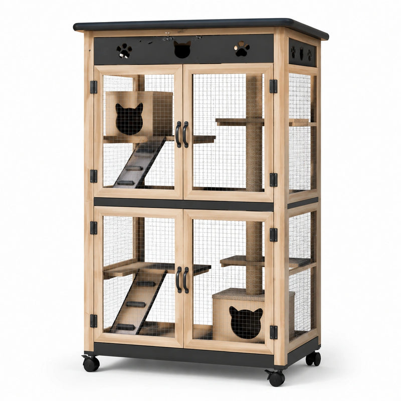Enclos mobile pour chat à plusieurs niveaux, bois naturel et métal noir, 100 × 60 × 180 cm