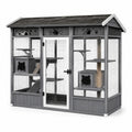 Enclos extérieur pour chats en bois et grillage, gris, blanc, noir et beige, 200 × 100 × 200 cm, avec plateformes et abris