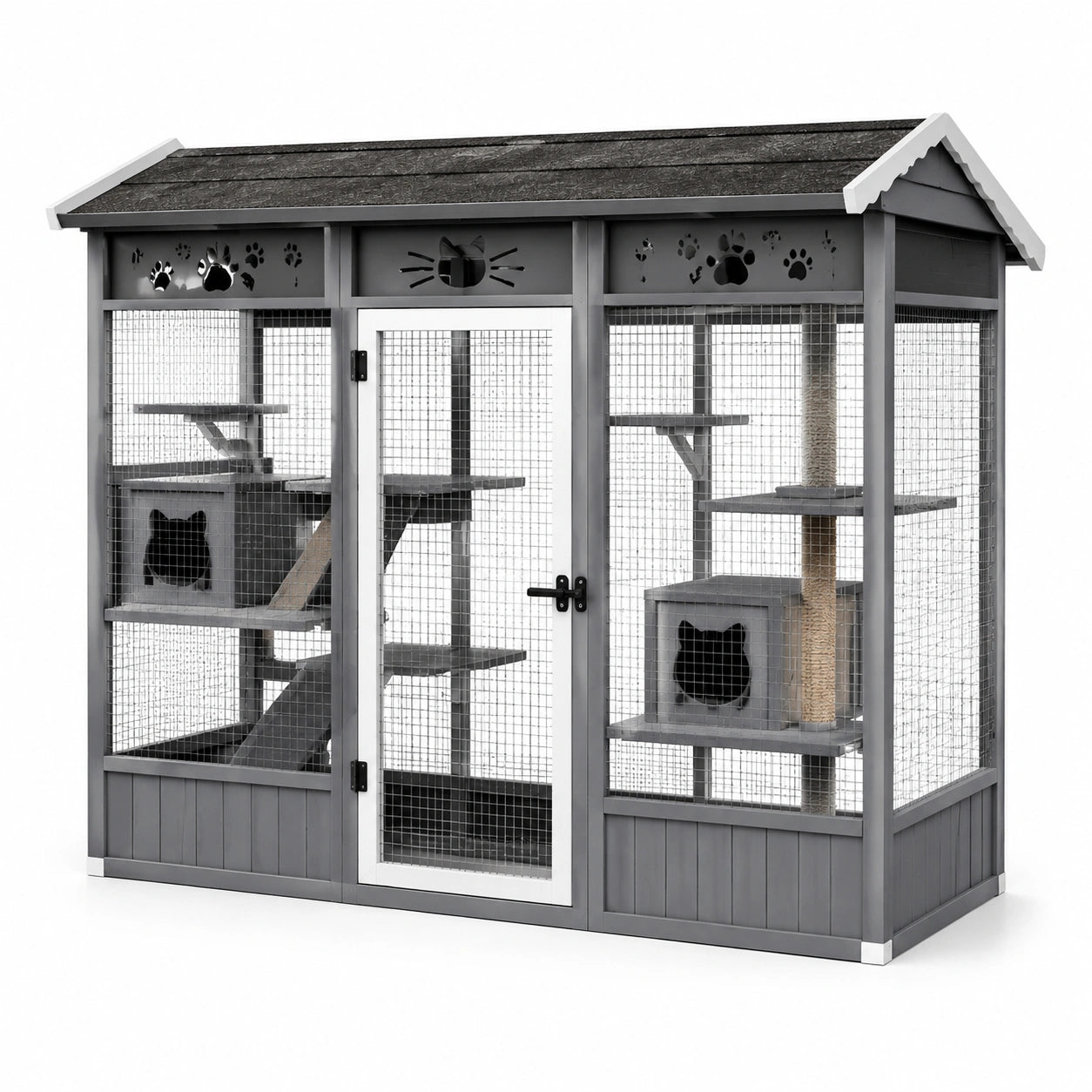 Enclos extérieur pour chats en bois et grillage, gris, blanc, noir et beige, 200 × 100 × 200 cm, avec plateformes et abris