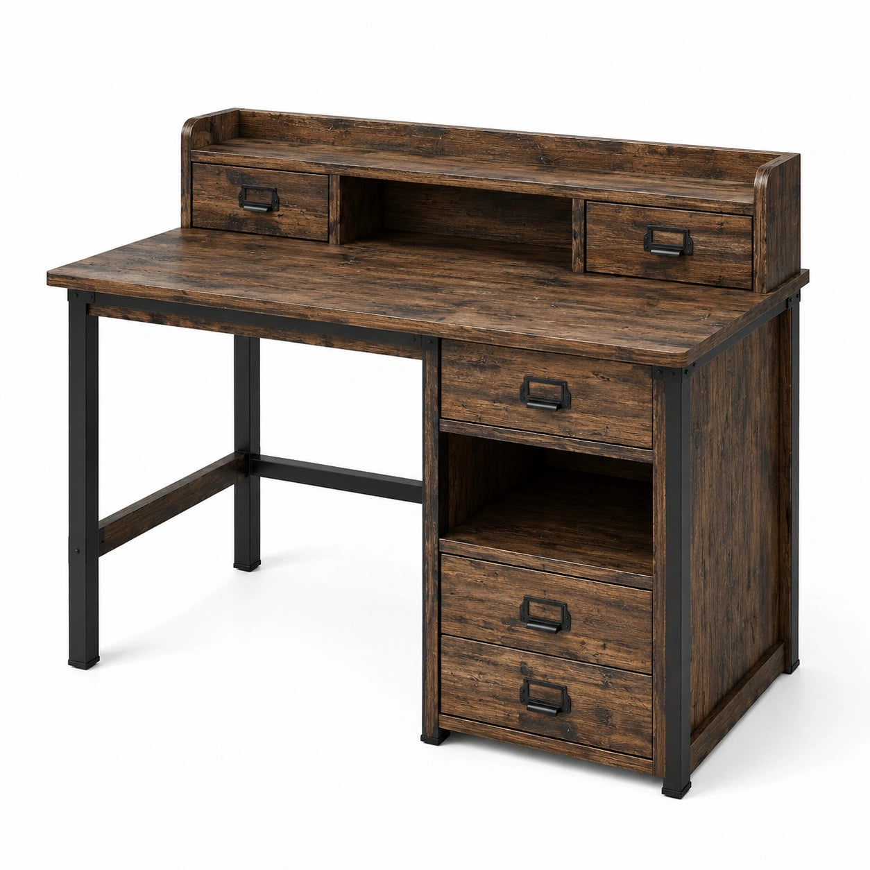 Bureau industriel avec 5 tiroirs et 2 niches, 120 × 60 × 110 cm, effet bois marron et métal noir