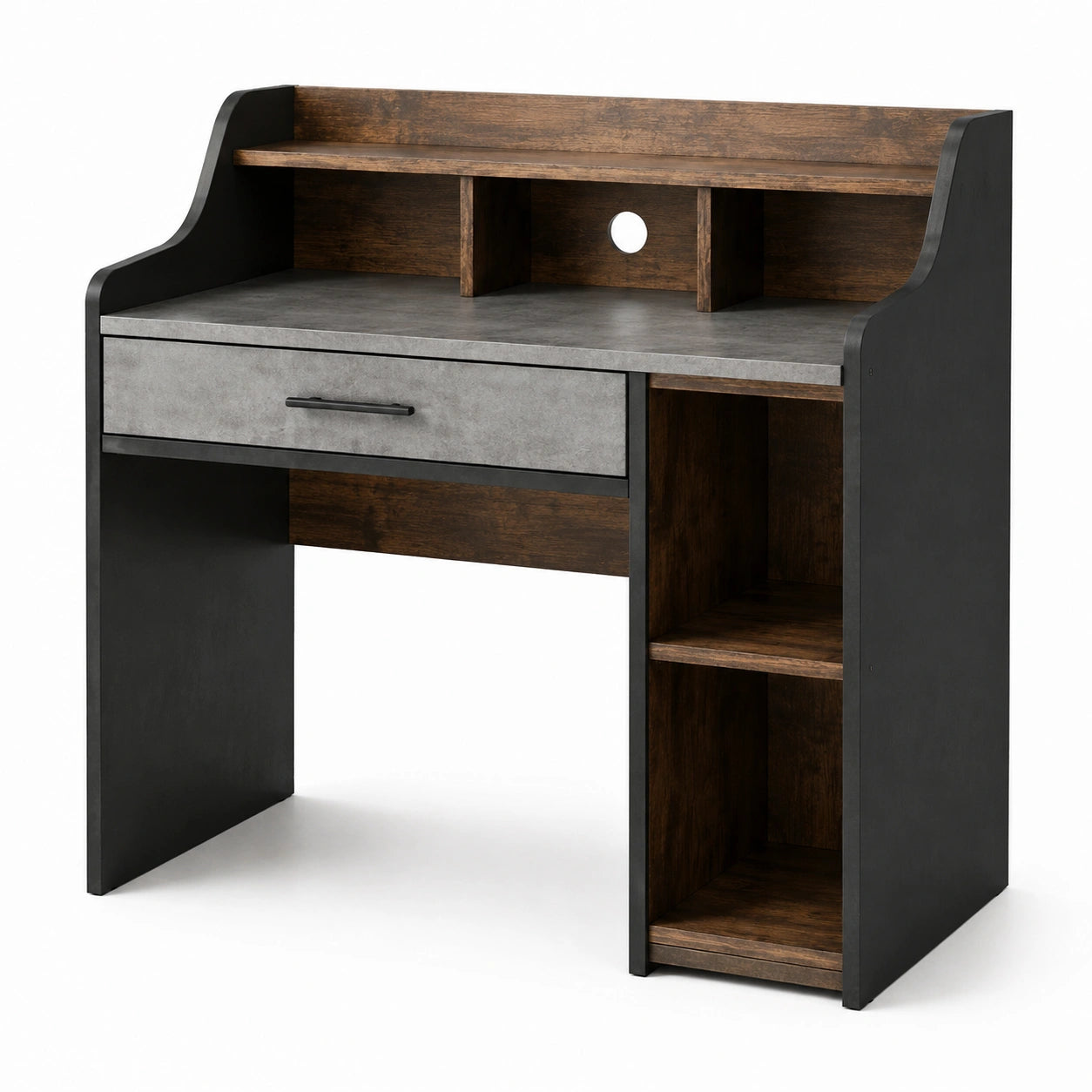 Bureau informatique industriel avec tiroir, étagères et passe-câbles, 100 × 50 × 120 cm, noir, brun et gris