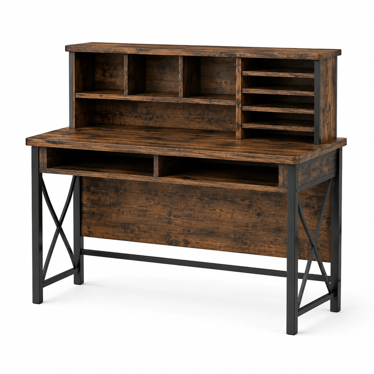 Bureau informatique avec rangements, 120 × 60 × 140 cm, brun foncé et noir