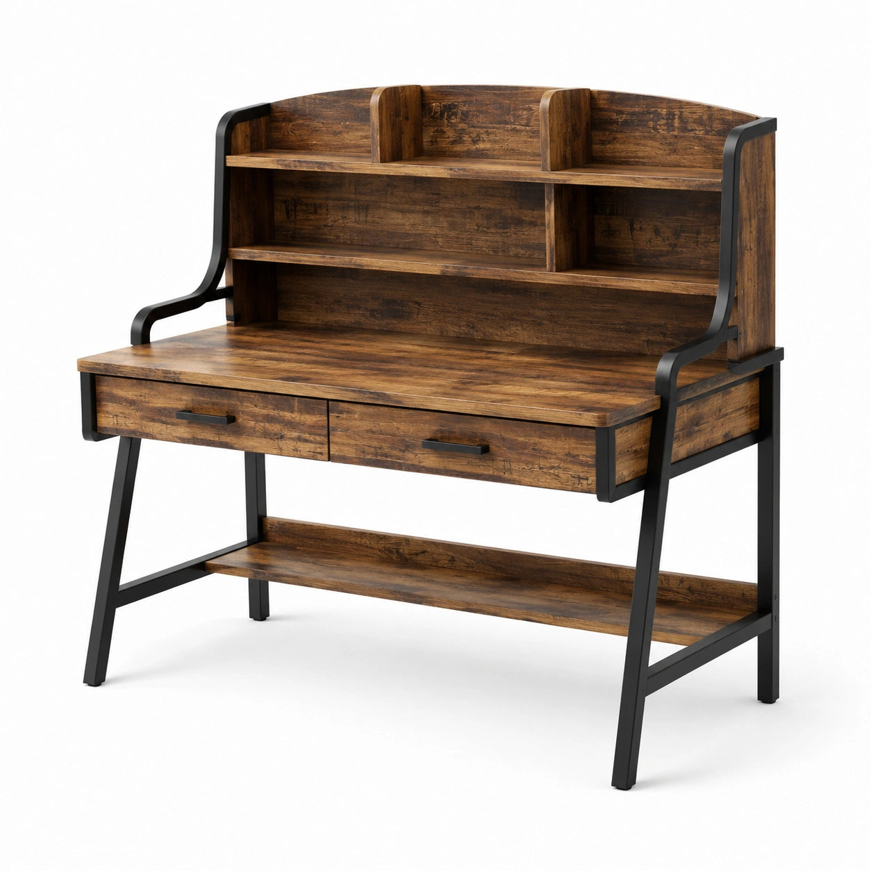 Bureau industriel avec étagères et 2 tiroirs, effet bois brun et acier noir, 120 × 60 × 140 cm