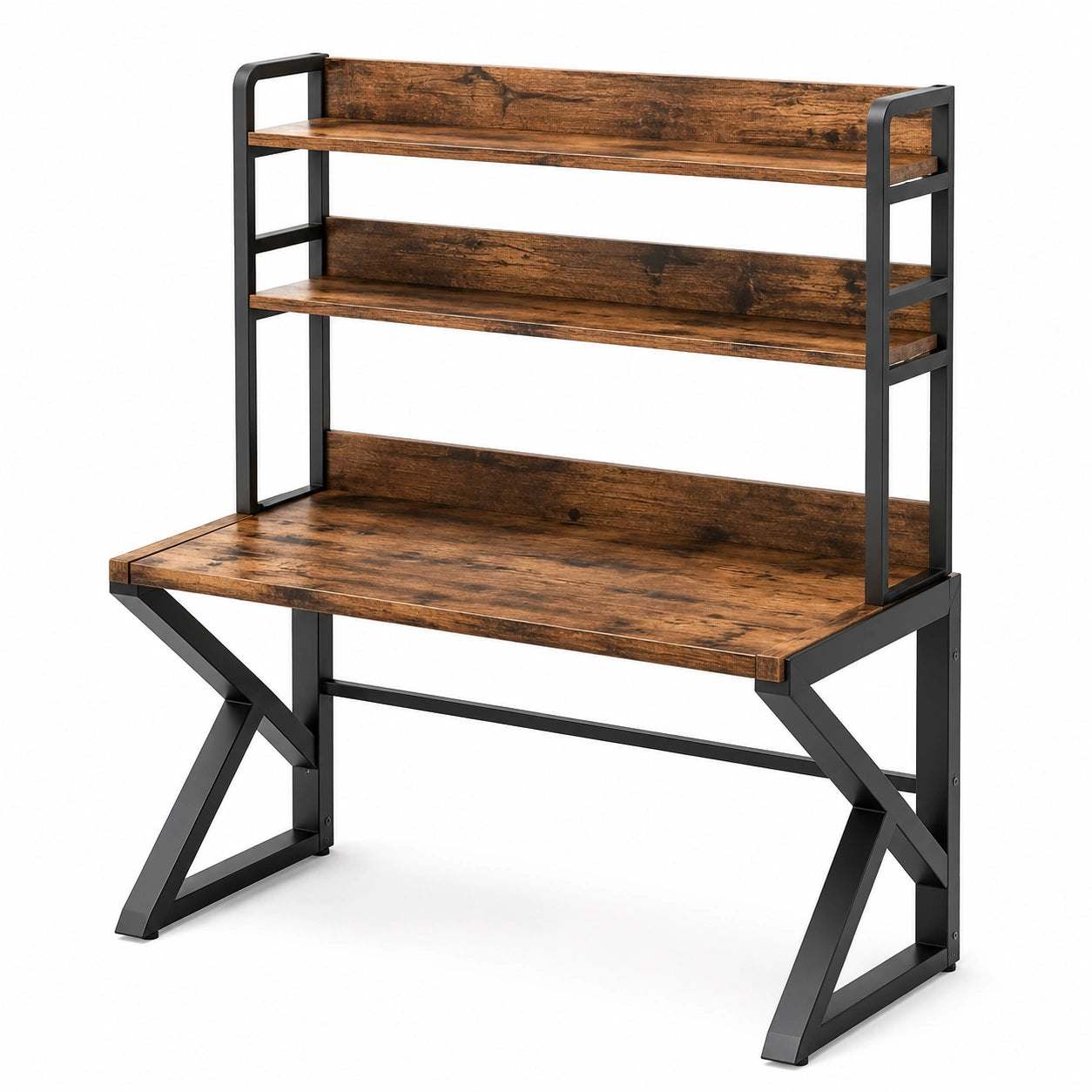 Bureau avec 2 étagères, 120 × 60 × 150 cm, bois d’ingénierie marron et acier noir