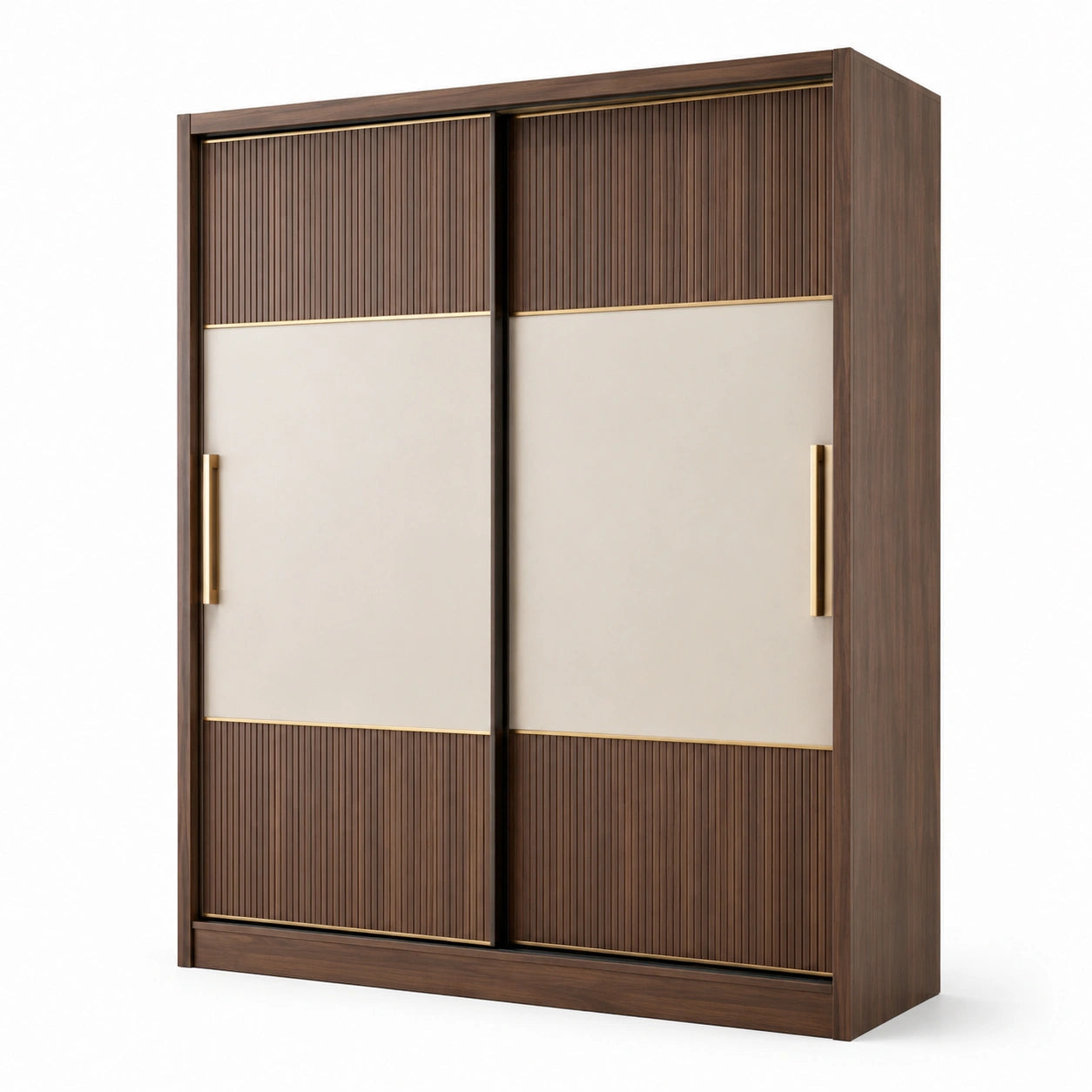 Armoire penderie à 2 portes coulissantes, brun foncé, beige et doré, 180 × 60 × 220 cm