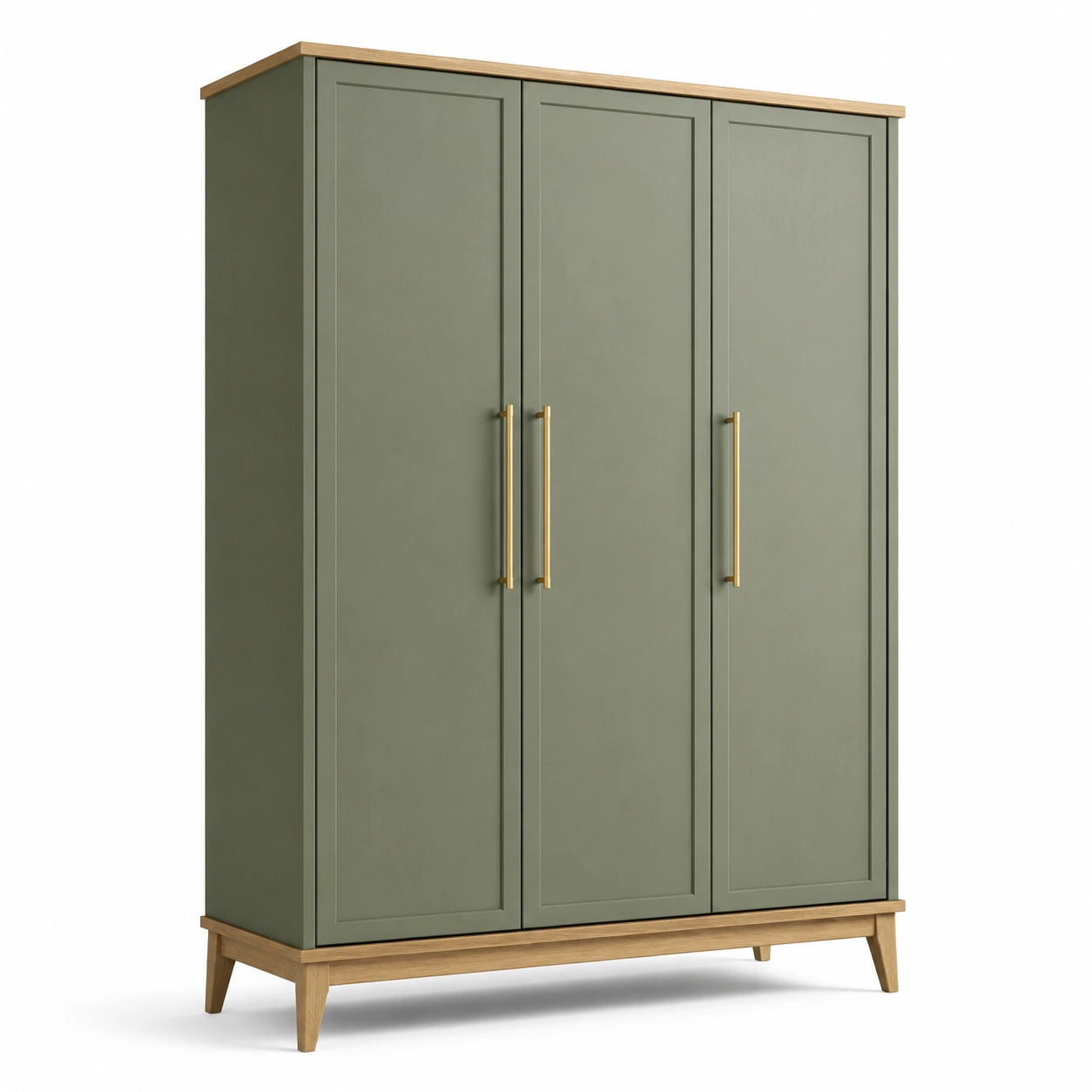 Armoire à 3 portes vert olive, bois naturel et doré, 150 × 55 × 200 cm