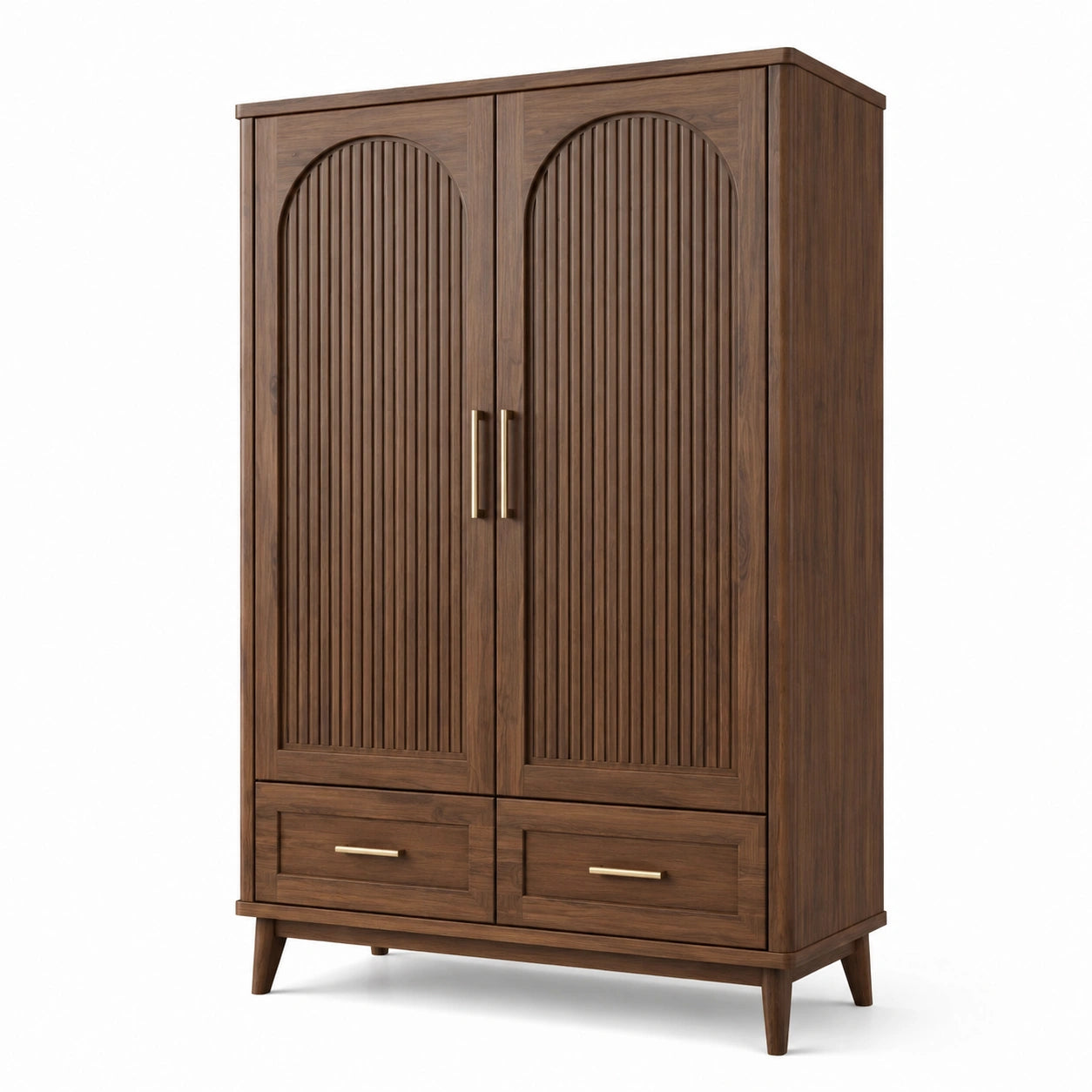 Armoire brun noyer à 2 portes et 2 tiroirs avec poignées dorées, 120 × 55 × 190 cm