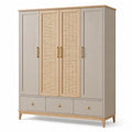 Armoire 4 portes et 3 tiroirs en bois et cannage, taupe, chêne naturel et doré, 180 × 55 × 200 cm