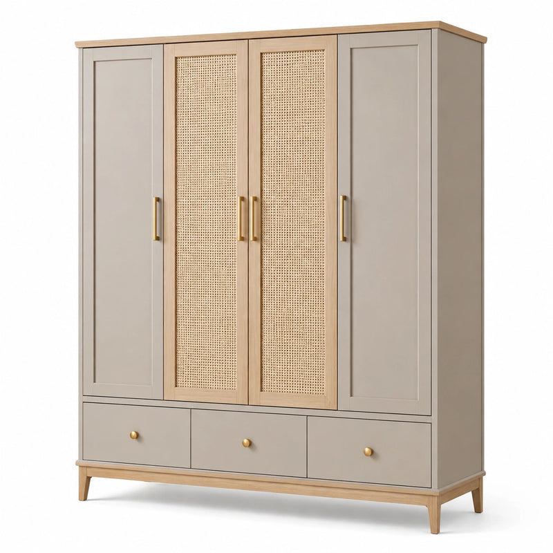 Armoire 4 portes et 3 tiroirs en bois et cannage, taupe, chêne naturel et doré, 180 × 55 × 200 cm