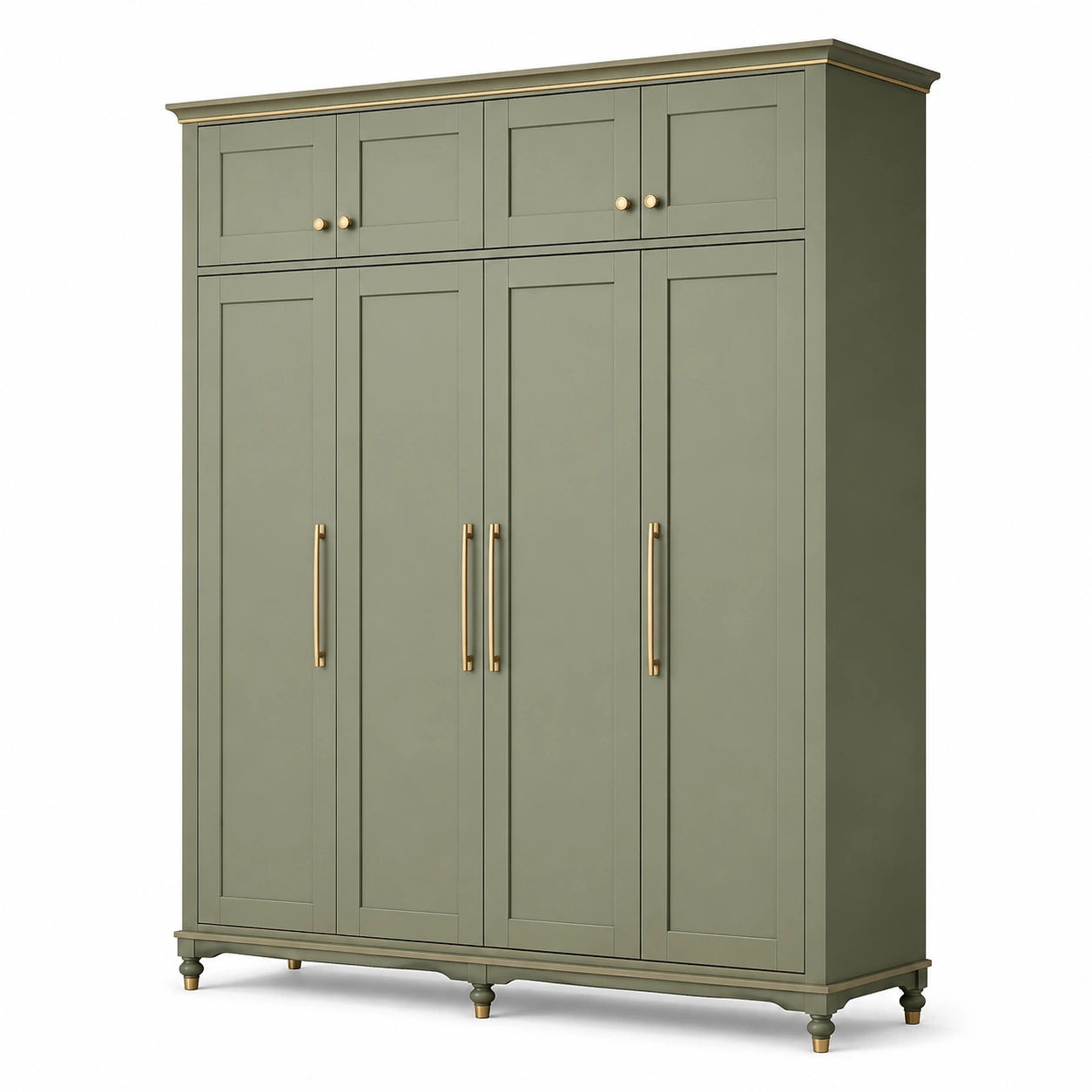 Armoire à 8 portes en panneaux de bois vert olive avec détails dorés, 180 × 55 × 220 cm