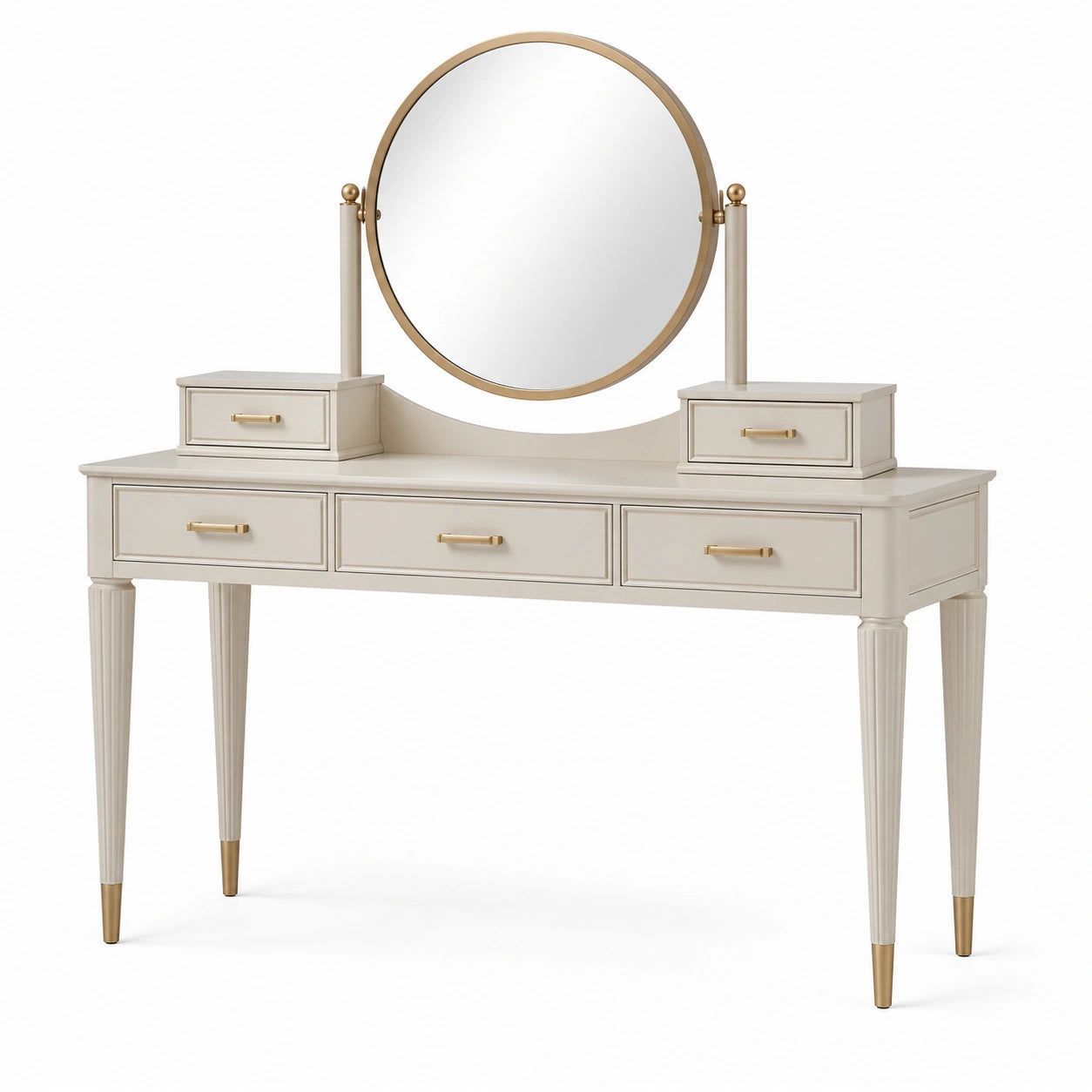 Coiffeuse blanc cassé et doré avec miroir rond orientable et 5 tiroirs, 120 × 45 × 145 cm