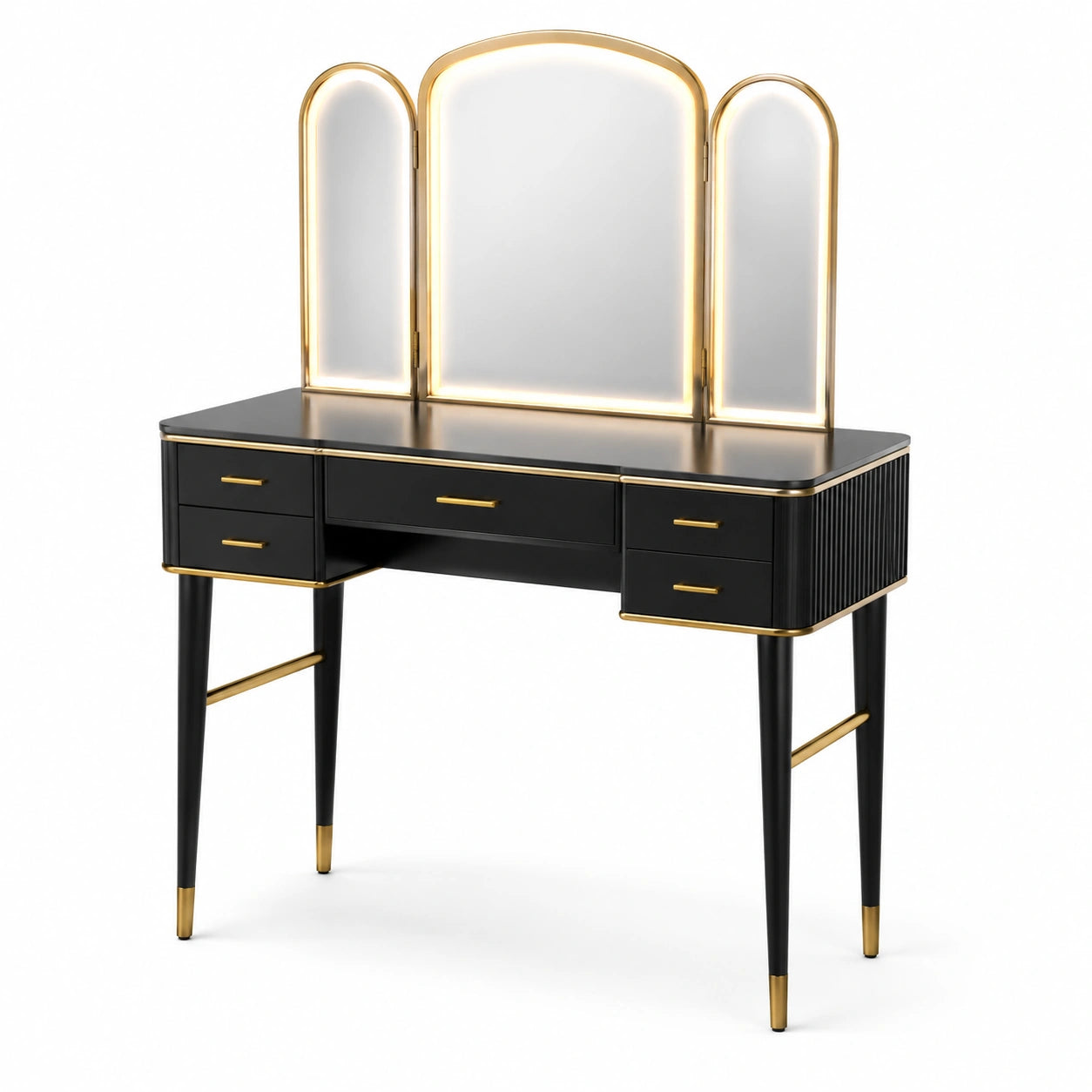 Coiffeuse noire et dorée avec miroir triptyque lumineux, 5 tiroirs, 120 × 50 × 145 cm, style Art déco