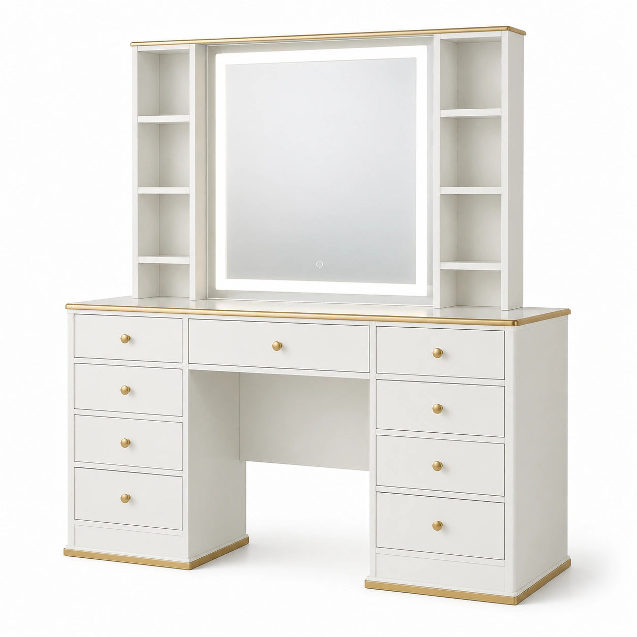 Coiffeuse blanche et dorée avec miroir lumineux, 9 tiroirs et étagères latérales, 120 × 45 × 160 cm