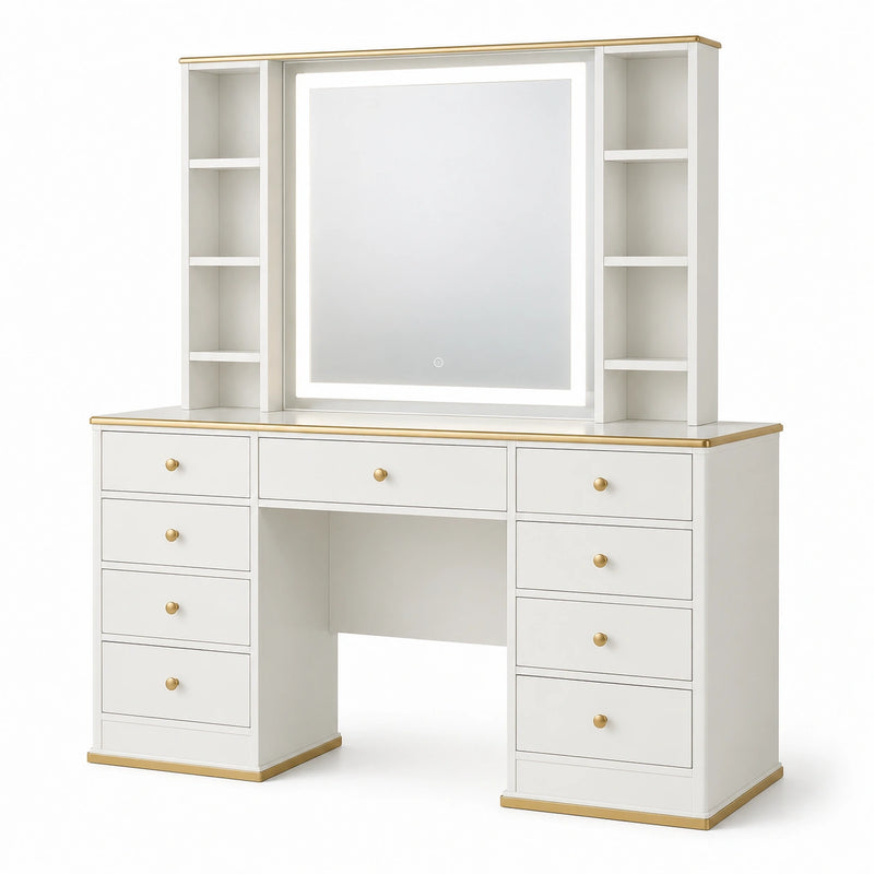 Coiffeuse blanche et dorée avec miroir lumineux, 9 tiroirs et étagères latérales, 120 × 45 × 160 cm