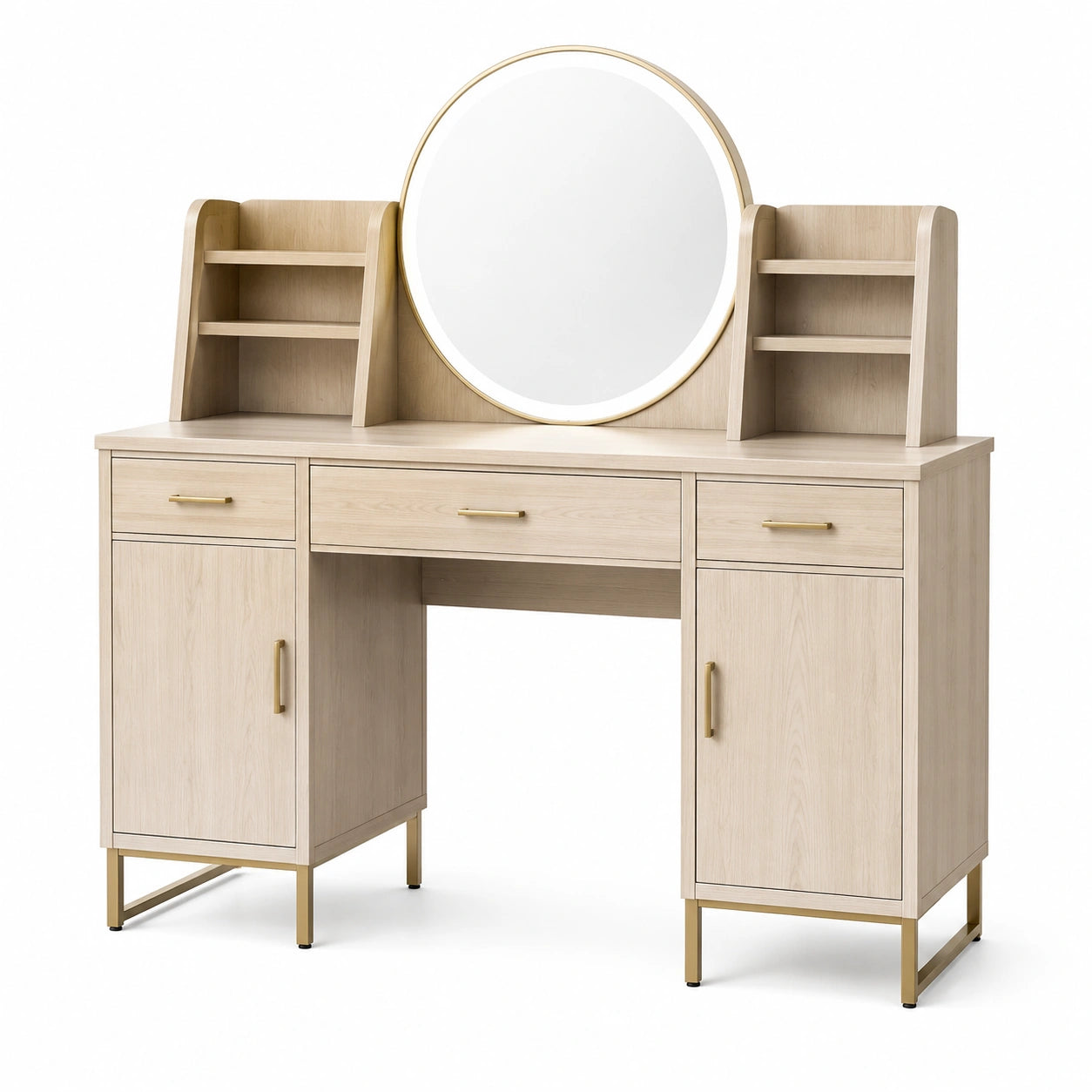 Coiffeuse contemporaine en bois clair et métal doré avec miroir rond et rangements, 120 × 40 × 145 cm
