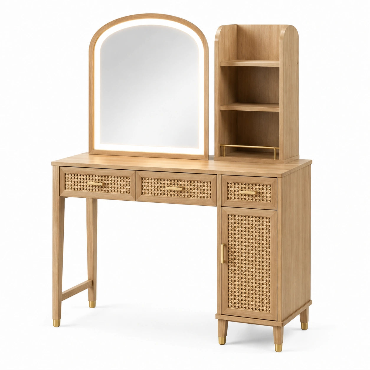 Coiffeuse en bois clair et rotin beige avec miroir lumineux et rangements, 120 × 40 × 150 cm
